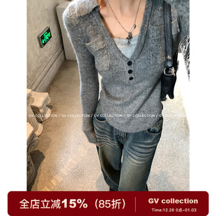 女内搭 撞色polo翻领针织上衣慵懒风百搭小衫 GV大白哥 简约都市