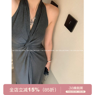 GV大白哥 m1u系艺术生 纽结挂脖修身人棉连衣裙设计感褶皱V领长裙