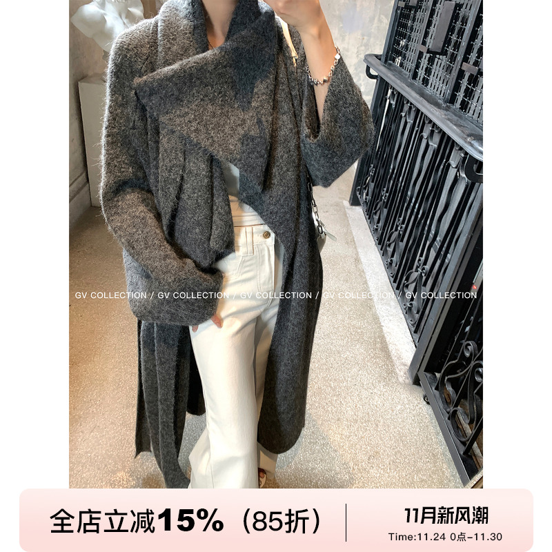 叠领两穿带腰带开衫羊毛毛呢外套