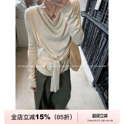 荡领松弛腰带收腰针织上衣