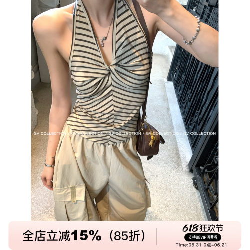 弹力挂脖露背莱赛尔纽结显瘦背心
