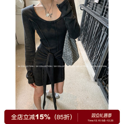 水洗做旧炭灰腰带屁帘收腰连衣裙