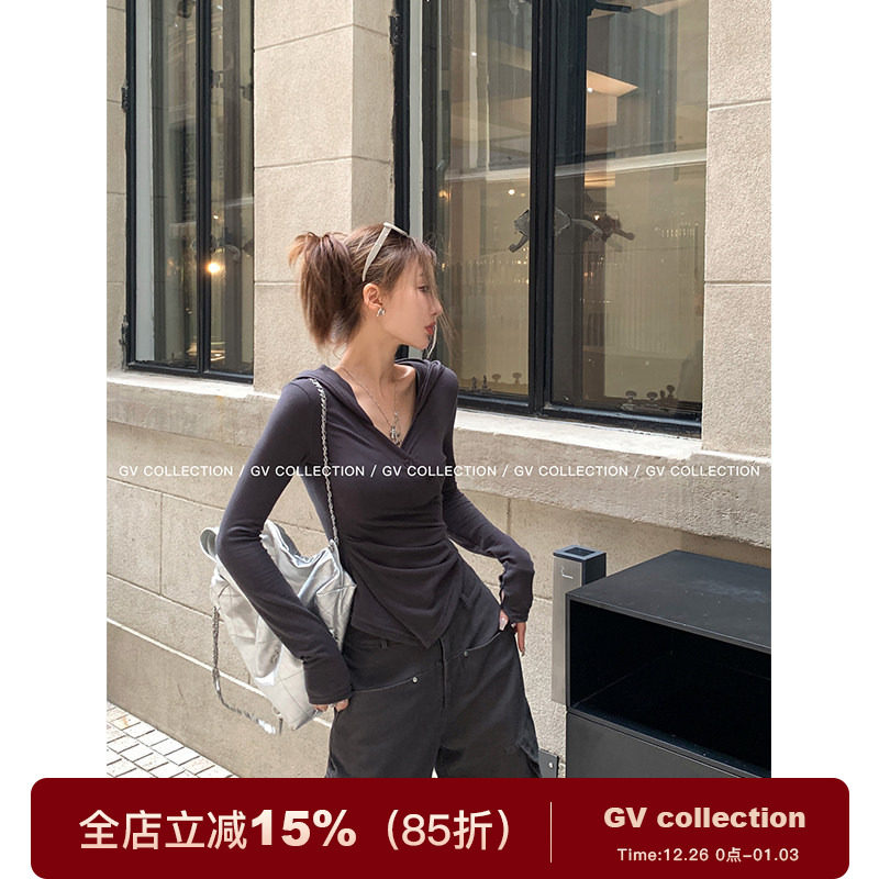 GV大白哥 斜裁巨掐腰 休闲日常连帽纽扣褶皱修身t不规则百搭上衣
