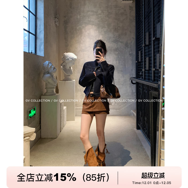 双层解构麂皮半身裙裙裤