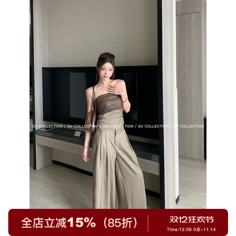 拼皮复古弹力抹胸阔腿裤套装