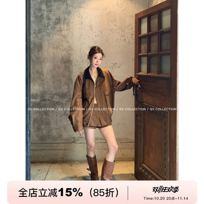 绒麂皮领撞色复古廓形夹克外套