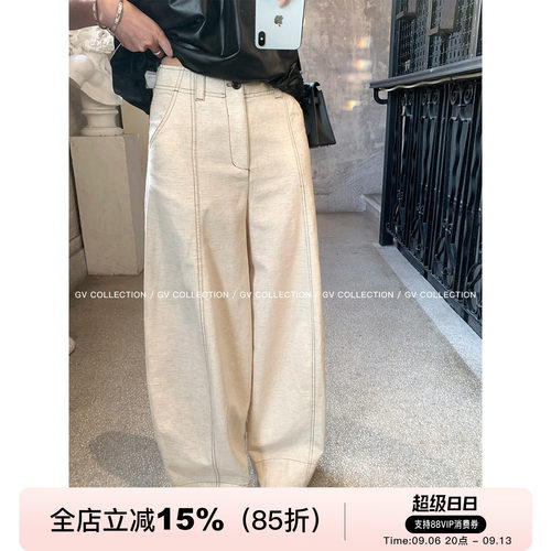 棉麻莱赛尔立体缝线直筒休闲裤
