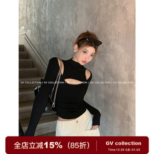 小衫 GV大白哥 上衣纯欲感镂空长袖 性感半领口镂空修身 未来感私服