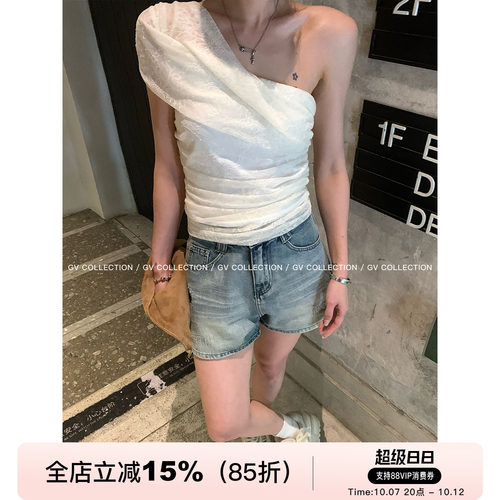 网纱蕾丝斜肩褶皱收腰设计感上衣