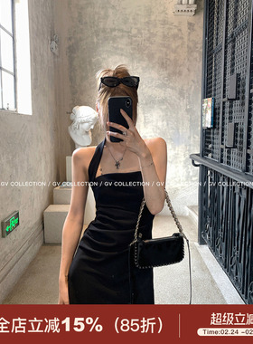 GV大白哥 极简欧辣 褶皱收腰挂脖连衣裙优雅风褶皱平领黑色短裙女