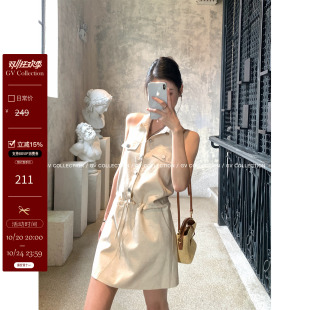 GV大白哥  轻简私服 polo领苎麻削肩无袖系带连衣裙新款气质裙子