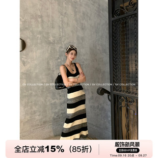 GV大白哥 简约配色 毛衣针织条纹撞色毛衣连衣裙秋款设计感裙子女