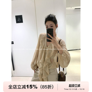 GV大白哥 南法Safari 垂感雪纺荷叶飘带V领长袖衬衫秋季上衣
