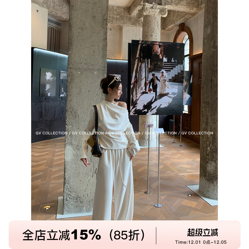 斜肩空气棉感卫衣阔腿裤套装