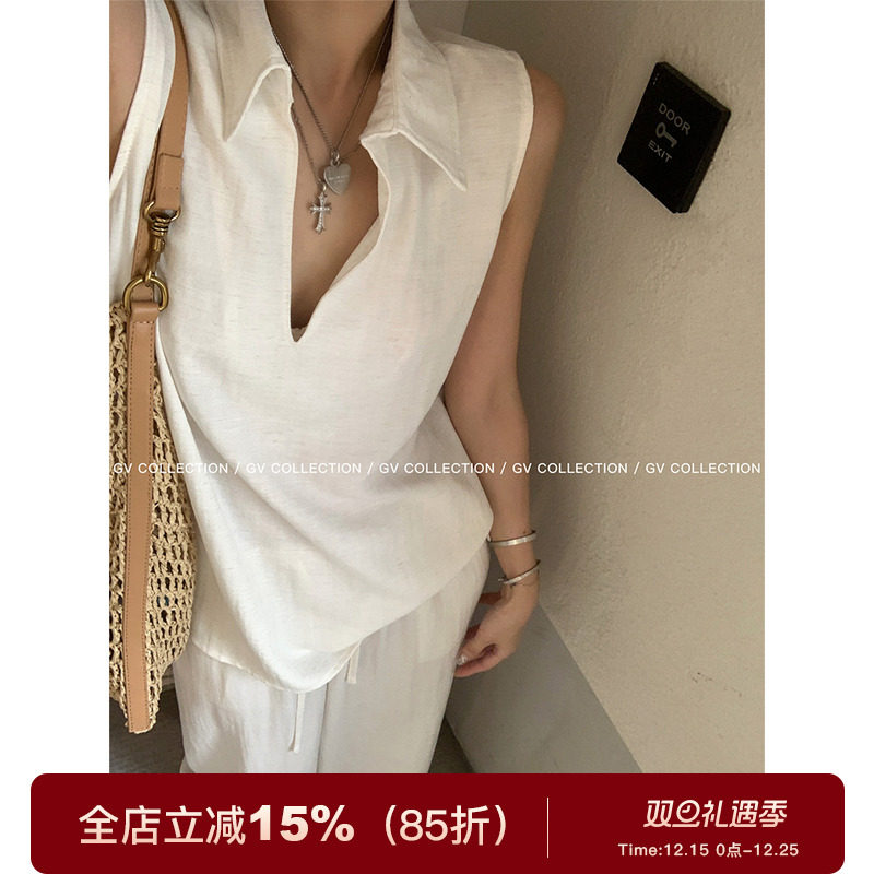 GV大白哥 老钱taste 白色翻领v领无袖上衣衬衫长裤简约棉麻套装女