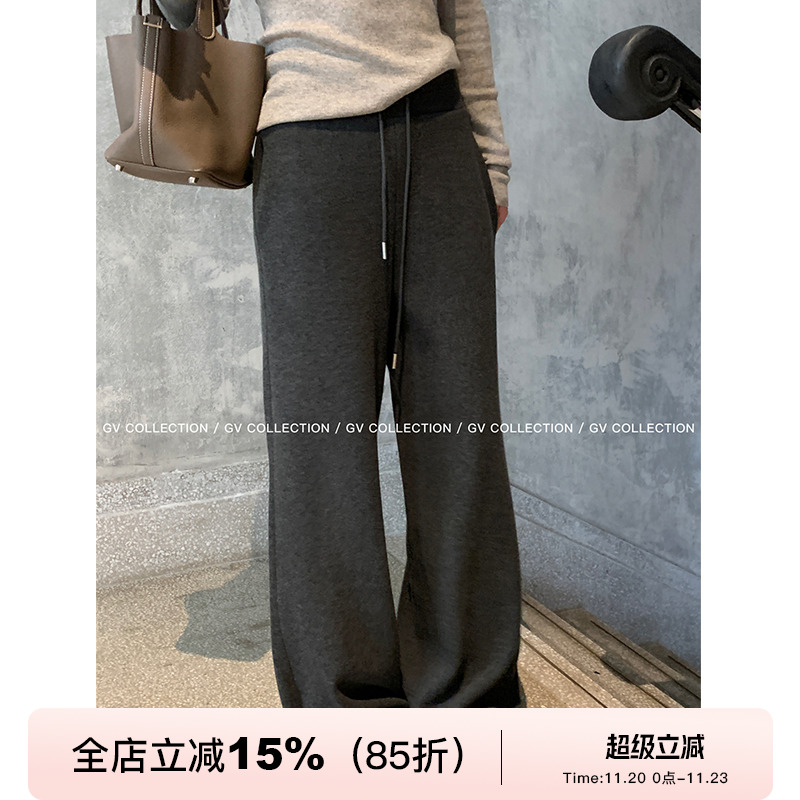 GV大白哥 格调版型 冬季加绒宽腰直筒抽绳卫裤保暖休闲长裤女冬