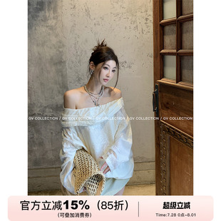刺繡一字肩天絲襯衫 GV大白哥 松弛 上衣百搭新款 法式 女夏設(shè)計感