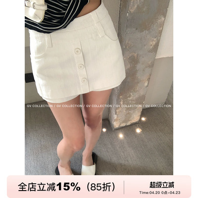 双层设计感纽扣高腰裙裤