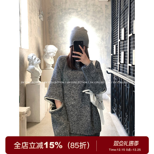 圆领羊毛袖子拉链设计毛衣