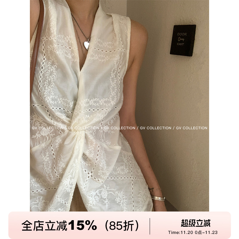 GV大白哥 松弛天丝 刺绣v领扭结休闲小背心夏日韩式无袖上衣女