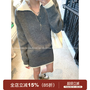 GV大白哥 简约画报 撞色polo领棒针上衣半身裙套装秋季穿搭新款女