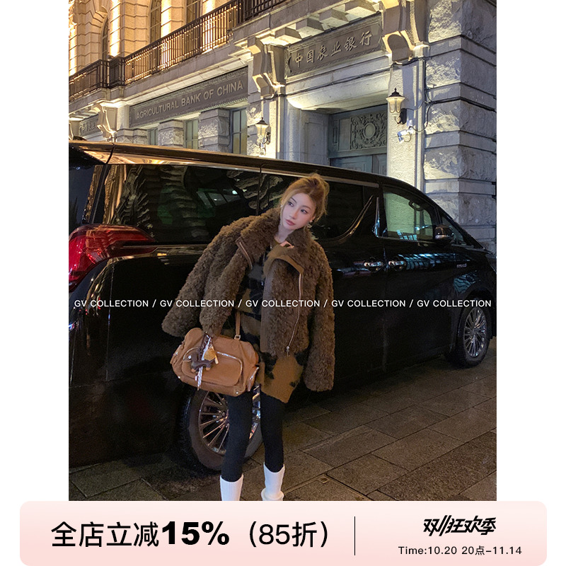 复古拼皮领环保毛外套