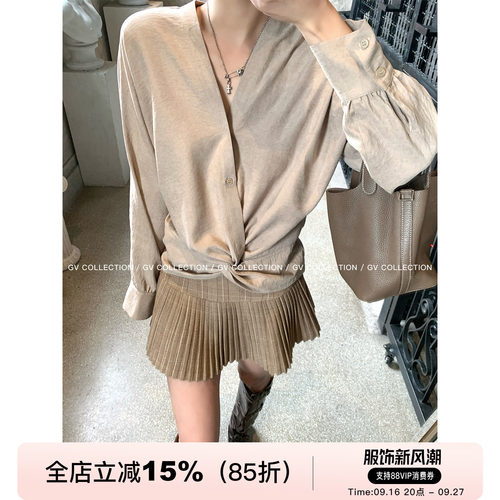 高知感V领褶皱收腰衬衫上衣