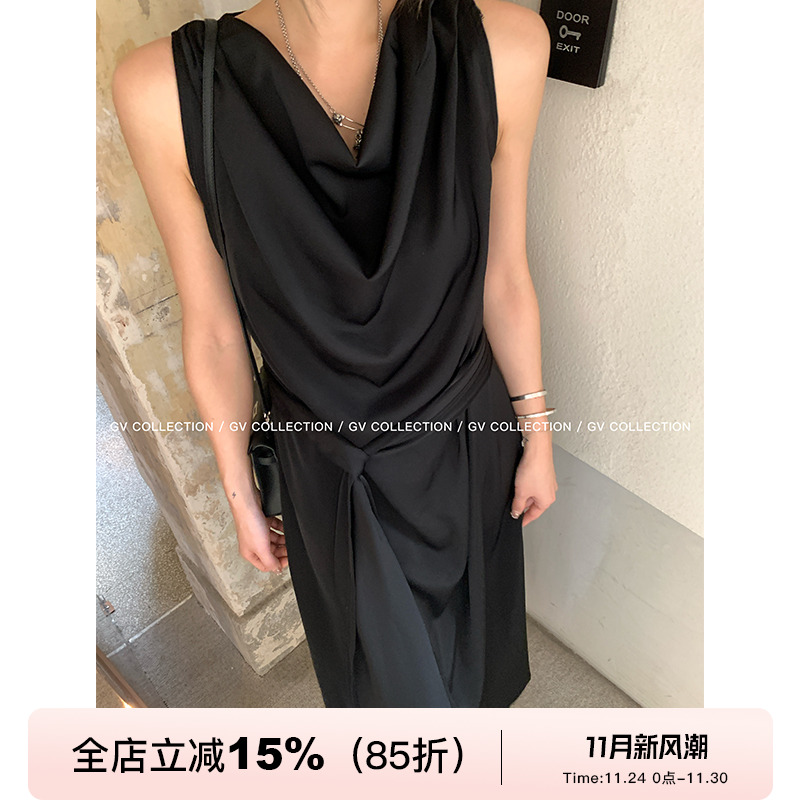 GV大白哥 Venus氛围 荡领缎面收腰系带连衣裙优雅无袖法式长裙女