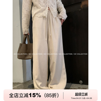 亚麻抽绳直筒松紧腰休闲裤