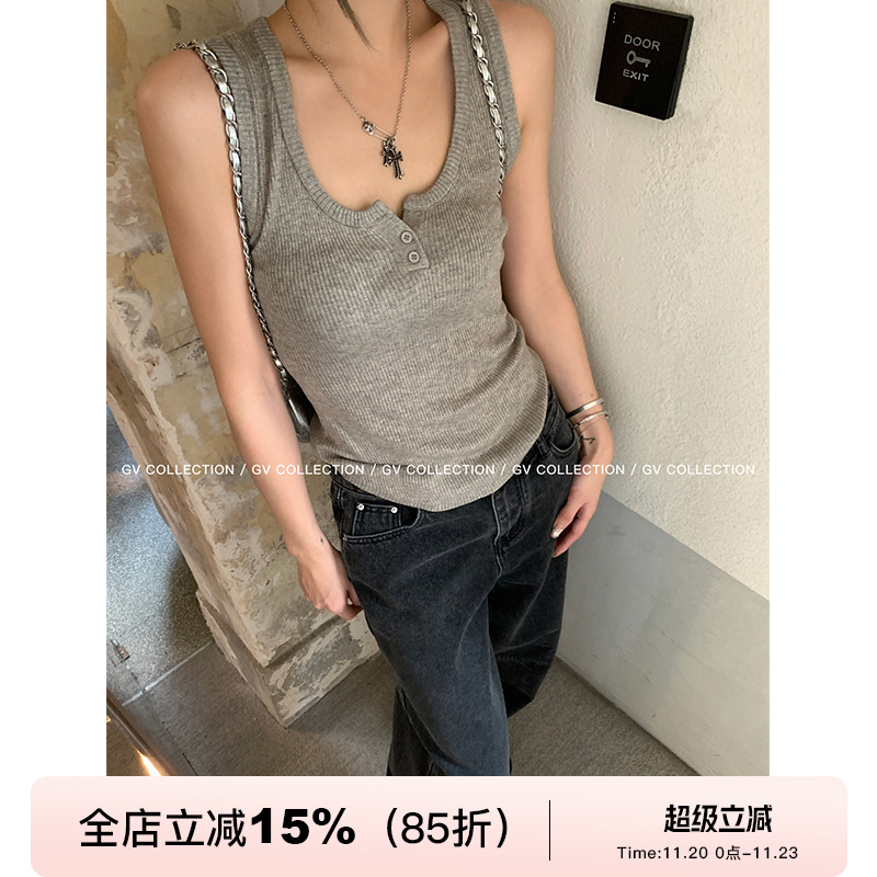 GV大白哥 满分内搭 初夏小v领纽扣基础款羊毛工字背心百搭上衣女