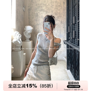 GV大白哥 不规则剪裁 斜肩混色羊毛亚麻修身针织上衣T恤夏季新款