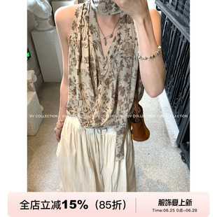 GV大白哥 油画度假 莱赛尔人丝花卉印花挂脖V领背心设计感女夏新