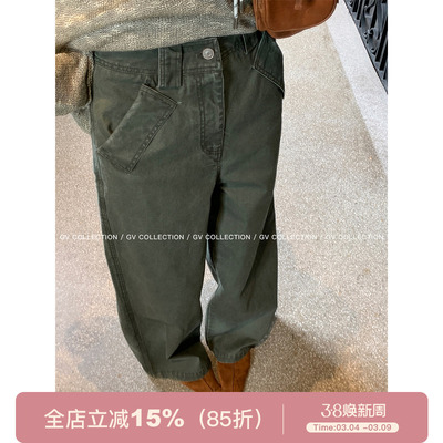 水洗军绿阔腿宽松牛仔裤