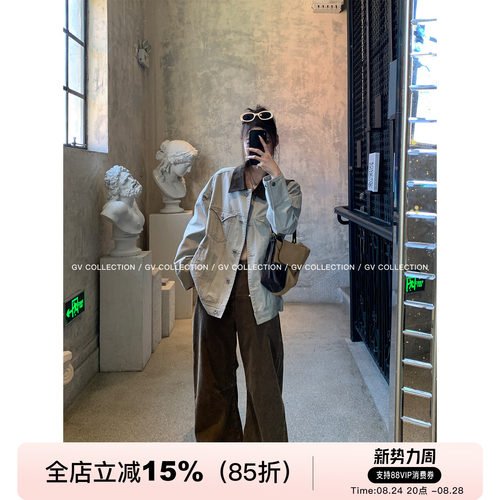 浅色做旧水洗撞色领牛仔外套