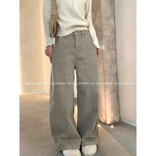 GV大白哥 竖线立体 加绒加厚解构直筒牛仔裤秋冬新款裤子女遮肉