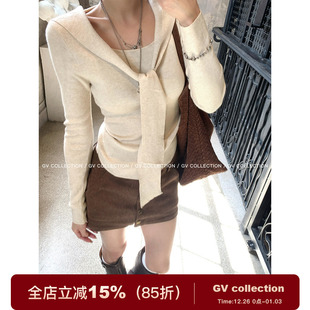 新款 飘带披肩假两件针织打底上衣秋季 穿搭女 中古学院 GV大白哥