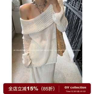 新款 秋季 设计 清透早秋露肩镂空微透针织上衣半身裙套装 GV大白哥