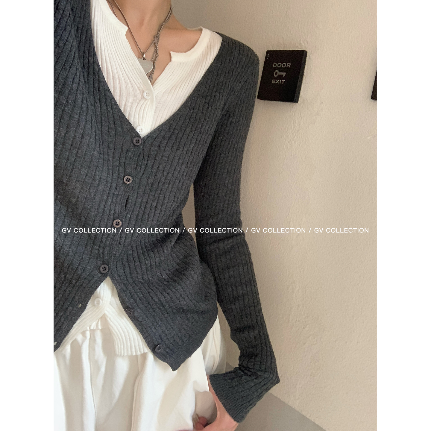 针织撞色假两件开衫上衣