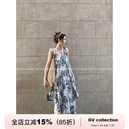 GV大白哥 艺术假日 层层解构设计感吊带印花连衣裙小众裙子女夏