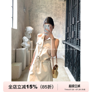 GV大白哥  轻简私服 polo领苎麻削肩无袖系带连衣裙新款气质裙子