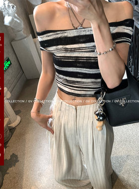 GV大白哥 晕染boho 黑白条纹一字肩抹胸漏肩亲肤松弛感短袖上衣女