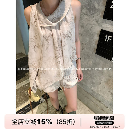 双层纱印花无袖背心短裤套装