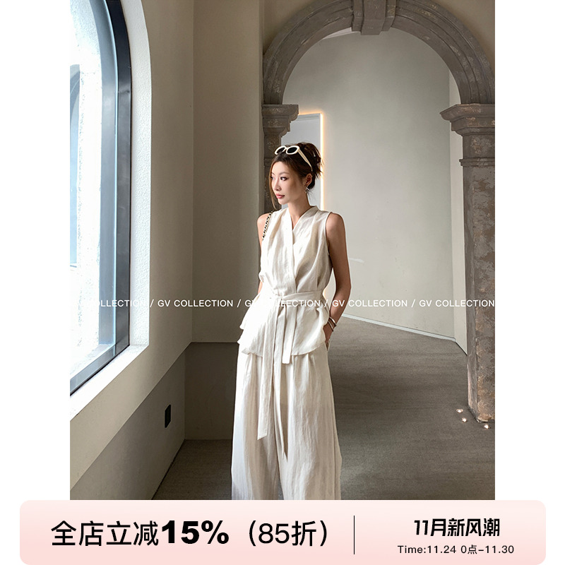 GV大白哥 cleanfit高智随性 收腰亚麻新中式上衣宽松阔腿裤套装女