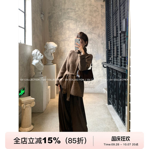 羊毛高领腰带收腰毛衣上衣