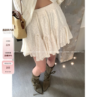 裙子 miu系蕾丝百褶休闲弹力抽绳半身裙春新款 GV大白哥 香颂奶糕