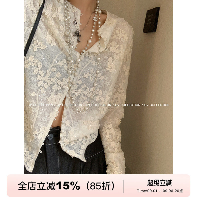 GV大白哥 塞纳午后 重工刺绣闪片立体蕾丝衬衫法式新中式上衣女图片