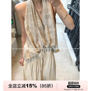 GV大白哥 南法氛围 立体刺绣蕾丝花朵挂脖露背上衣设计感百搭女夏