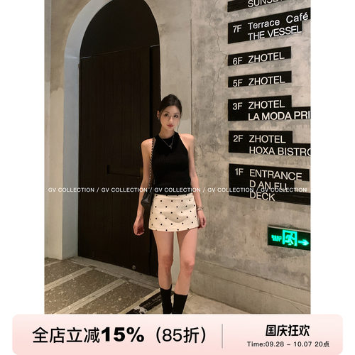 亚麻波点半身裙防走光裙裤