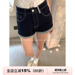 GV大白哥  极简惬意 明线撞色弹力牛仔短裤可翻边设计感裤子女夏