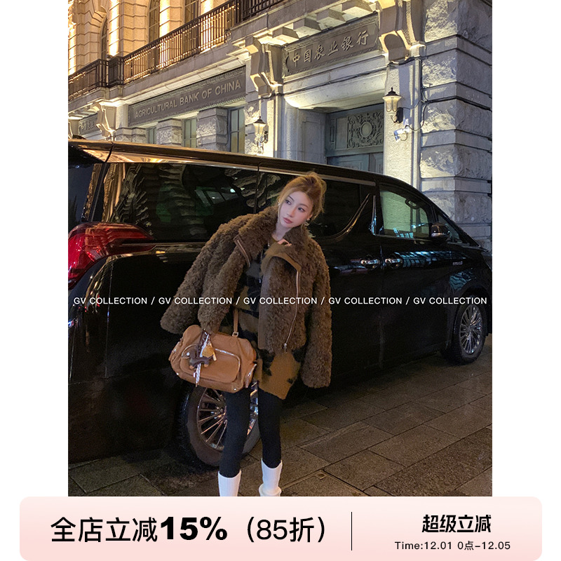 复古拼皮领环保毛外套